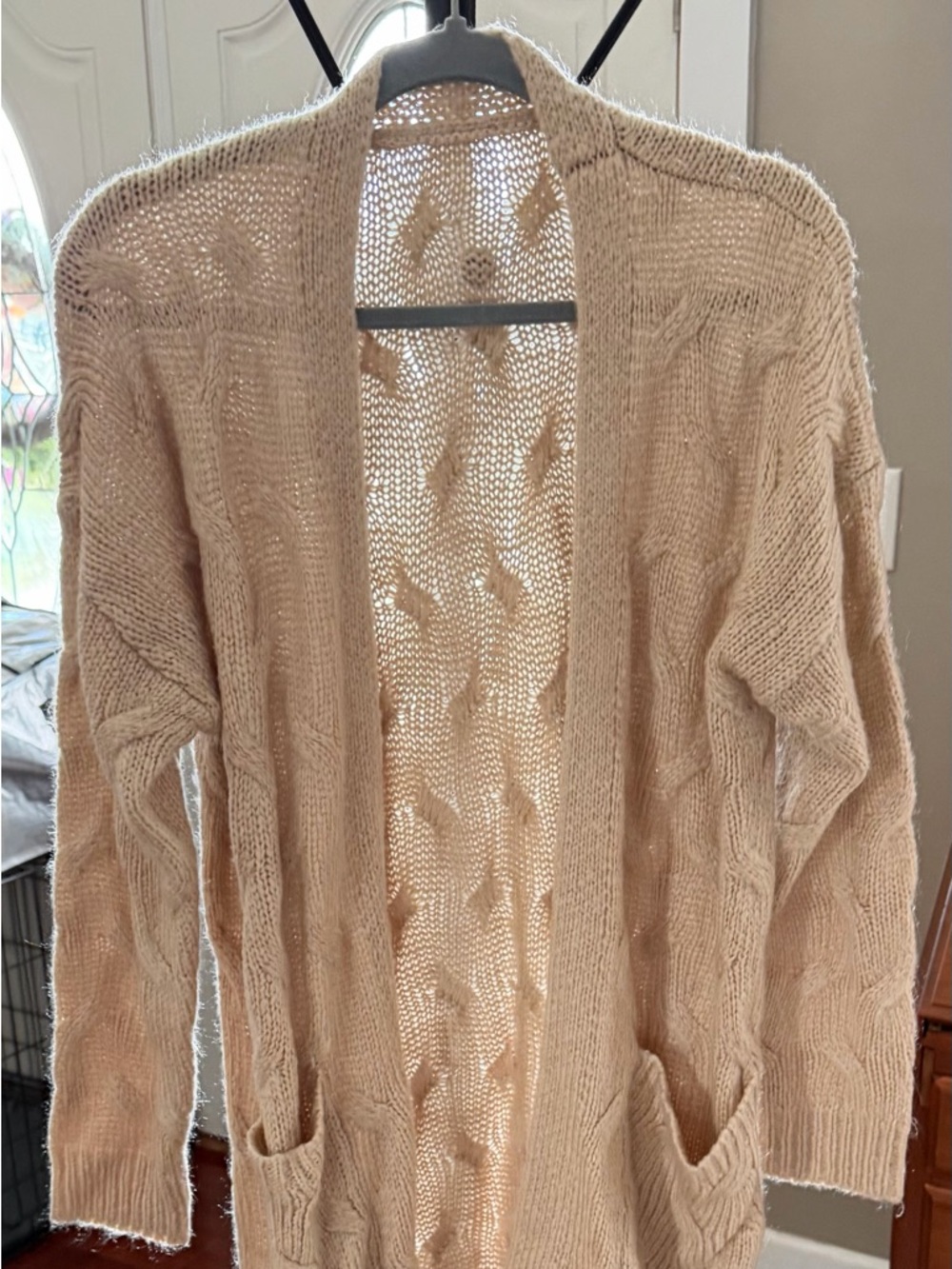 Beige Open-Front Cable Knit Women's Cardigan Sweater